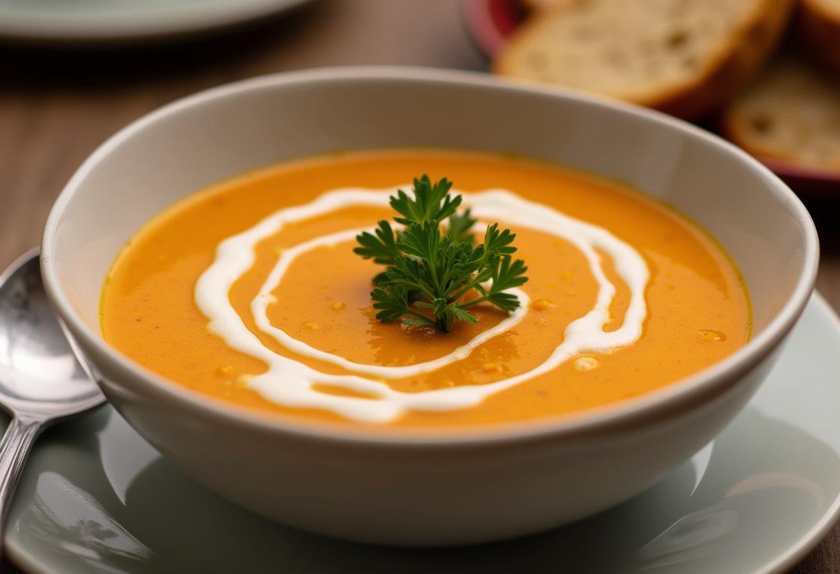Delicious bowl of roasted carrot soup garnished, perfect for a warm meal.