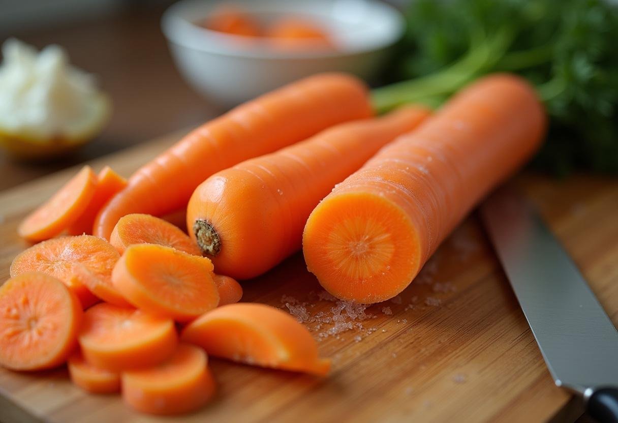 Fresh carrots being prepared for roasted carrot soup recipe.