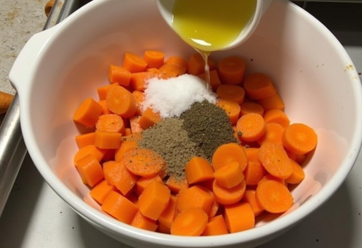 Chopped carrots being seasoned for roasting in roasted carrot soup.