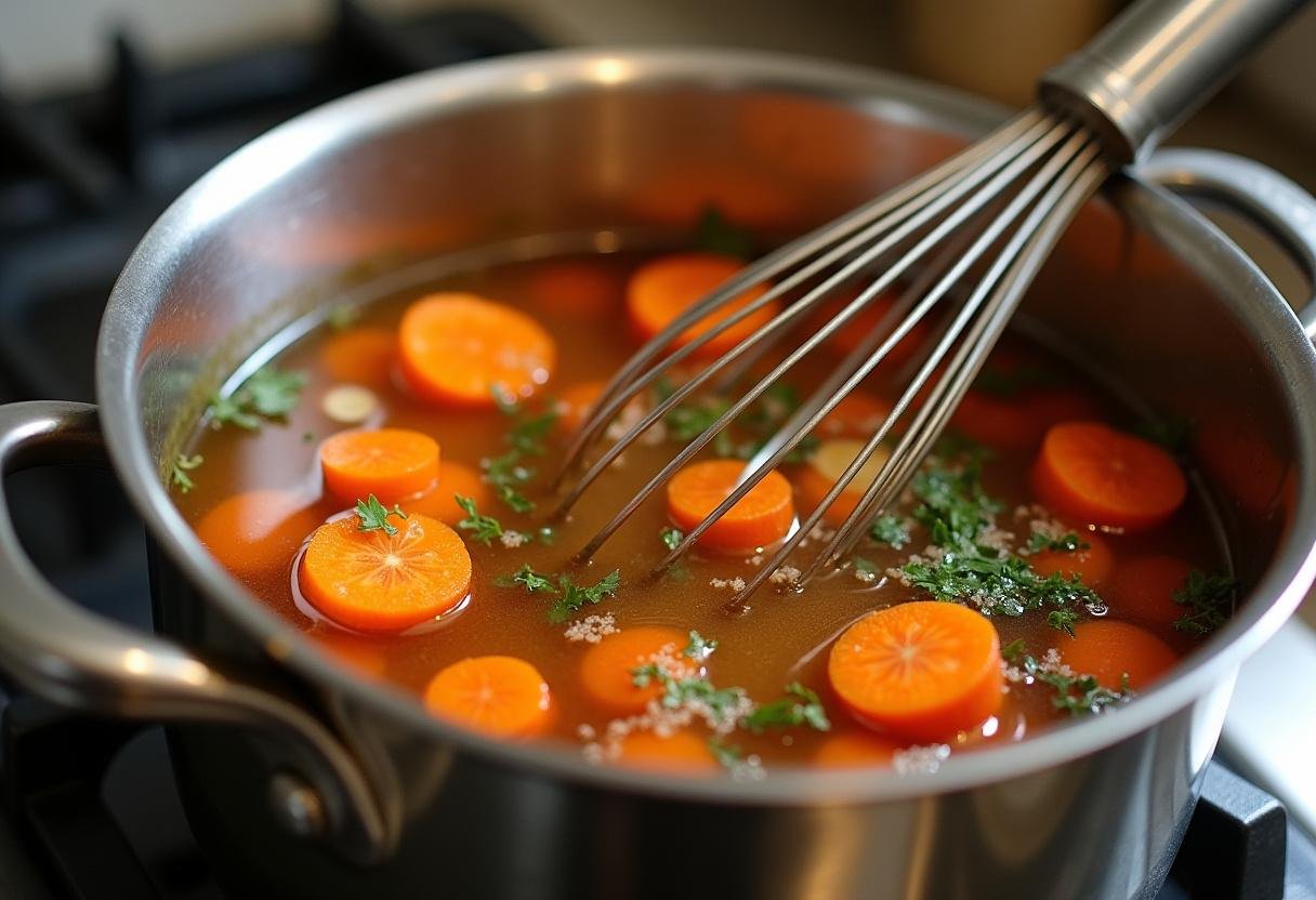 Simmering roasted carrots with broth in a pot for making carrot soup.