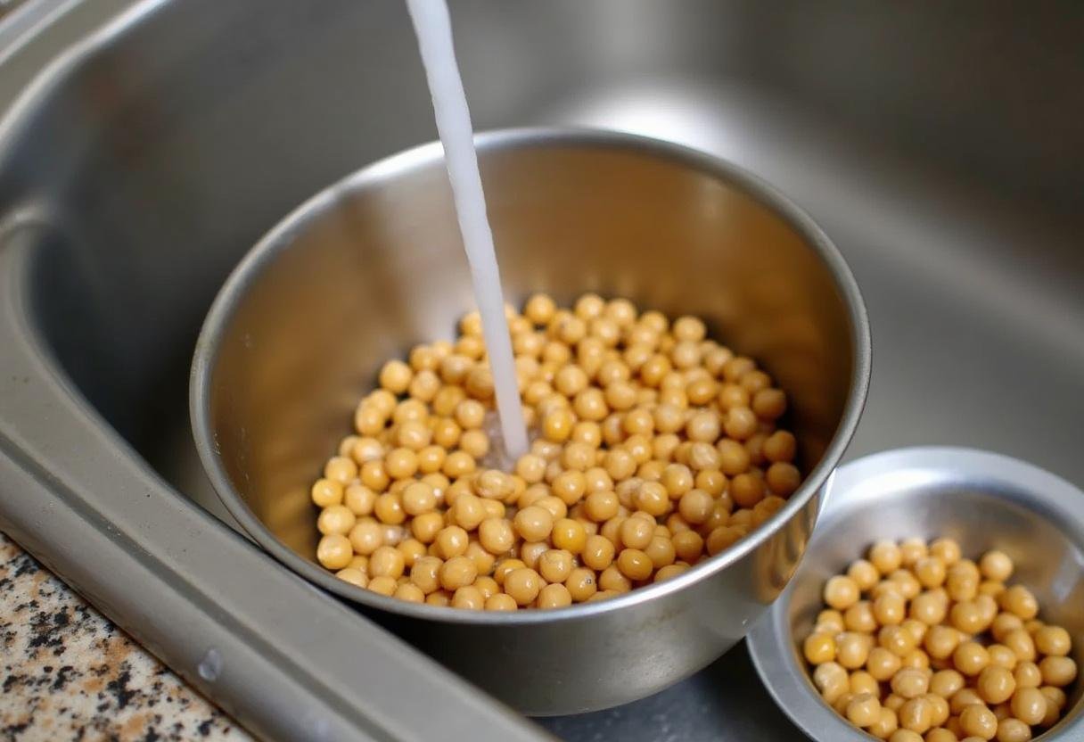 Rinsing canned chickpeas for roasting to create a healthy snack.