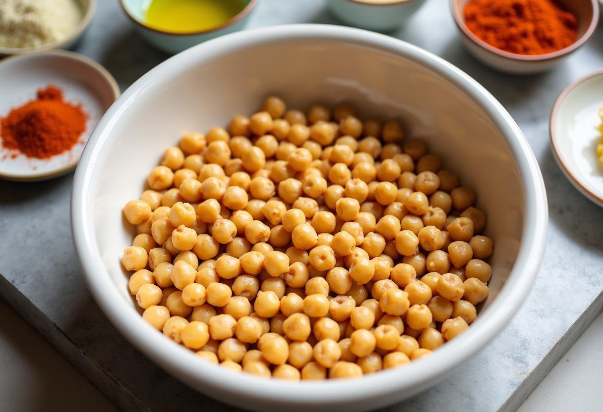 Seasoning chickpeas with olive oil and spices for roasting to enhance flavor.