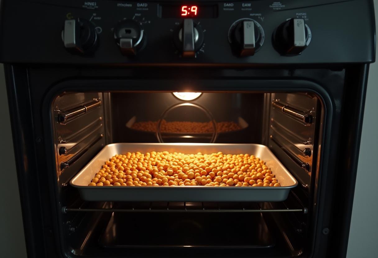 Baking chickpeas in the oven to achieve a crunchy texture for a healthy snack.