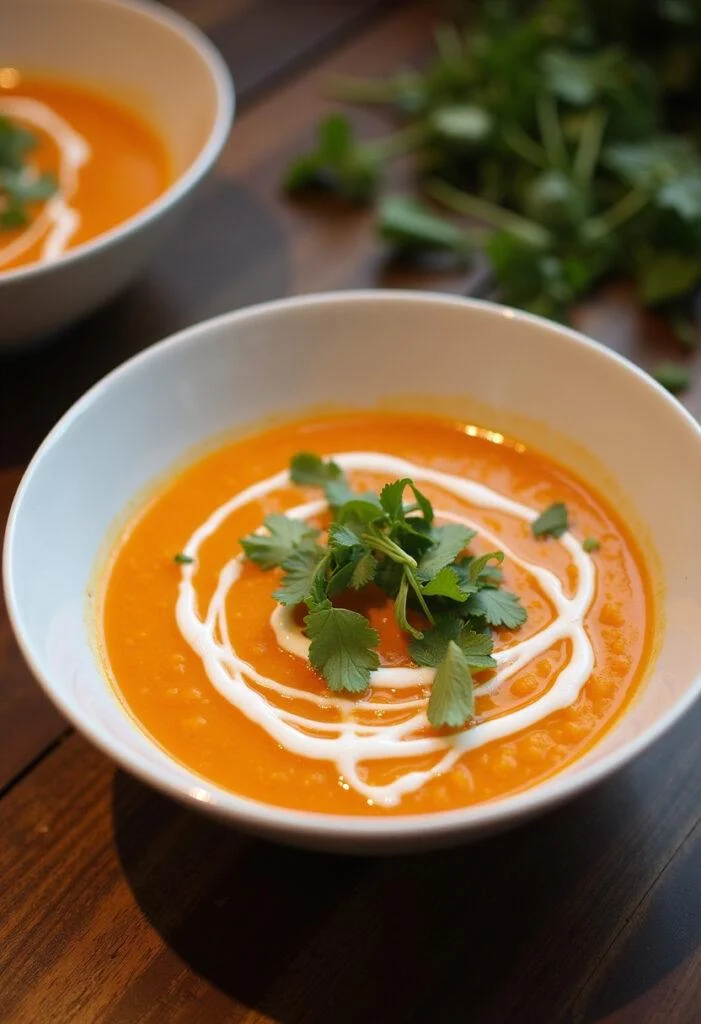 Finished silky sweet potato and coconut soup, garnished and ready to enjoy.