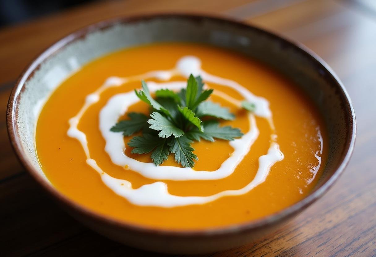 Finished silky sweet potato and coconut soup, garnished and ready to enjoy.