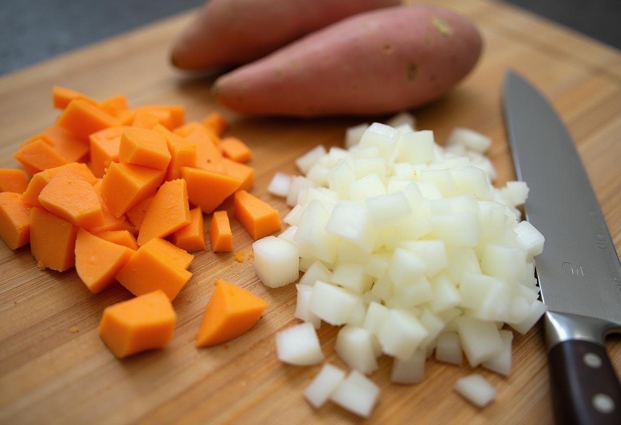 Peeled sweet potatoes and chopped onions prepared for Silky Sweet Potato and Coconut Soup.