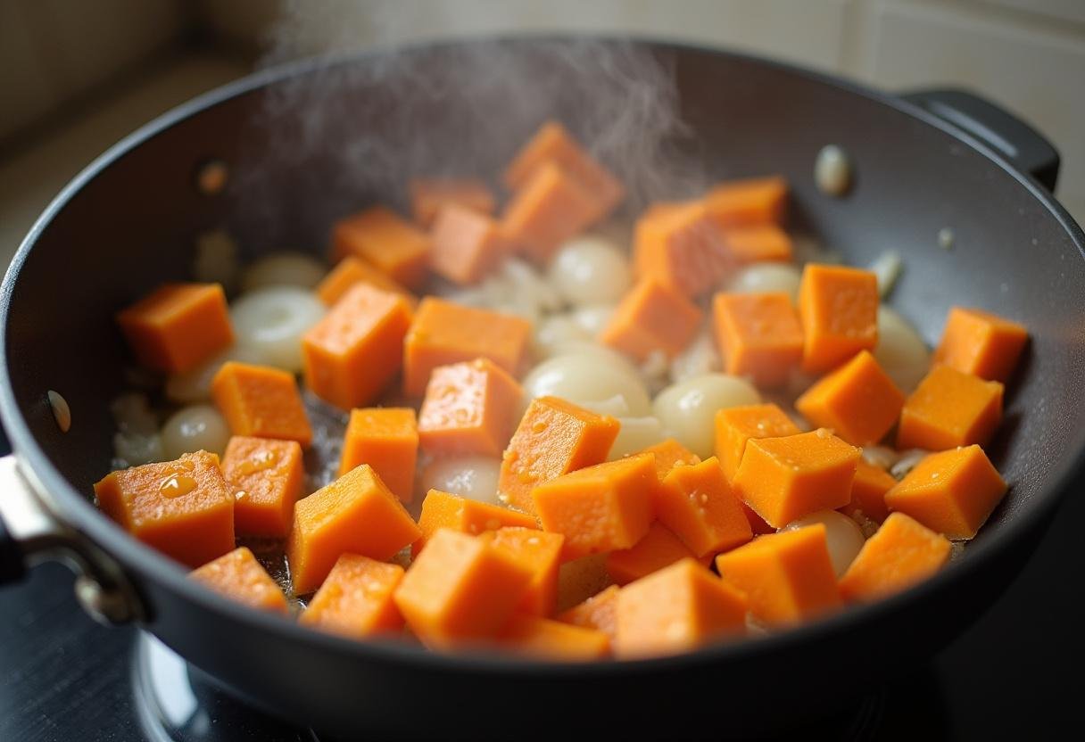 Cooking diced sweet potatoes and onions in coconut oil for Silky Sweet Potato and Coconut Soup.