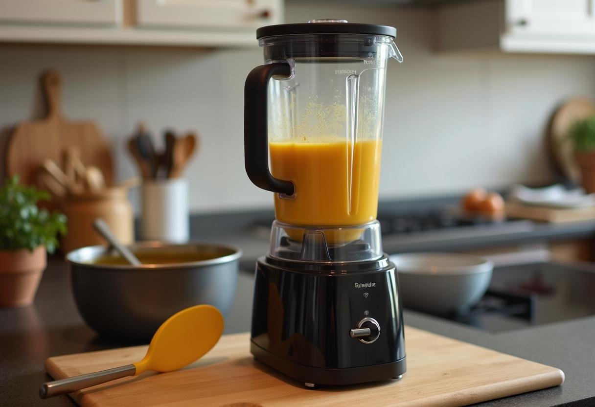 Blending the soup for Silky Sweet Potato and Coconut Soup to achieve a smooth texture.
