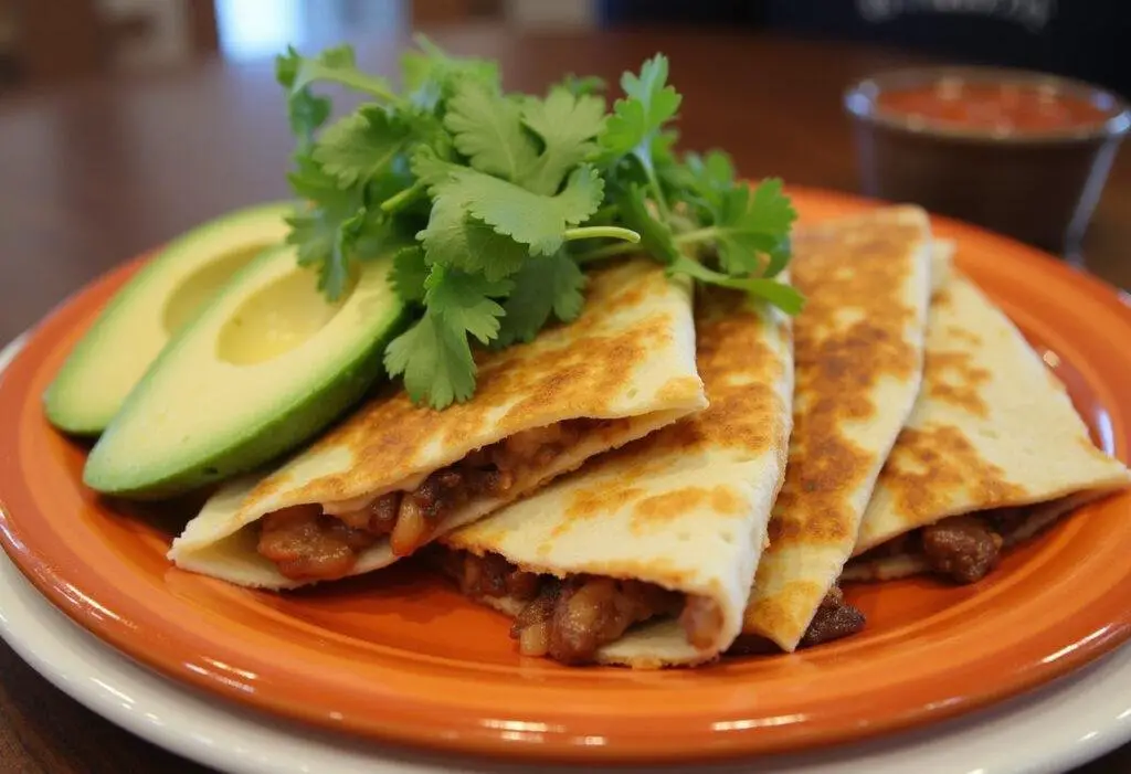 Finished Sizzling Chorizo Quesadilla Supreme served with vibrant garnishes, perfect for a delicious meal.