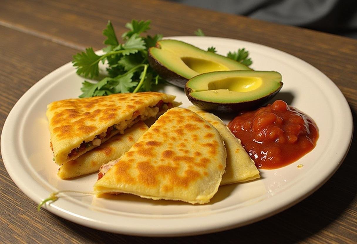 Finished Sizzling Chorizo Quesadilla Supreme served with vibrant garnishes, perfect for a delicious meal.