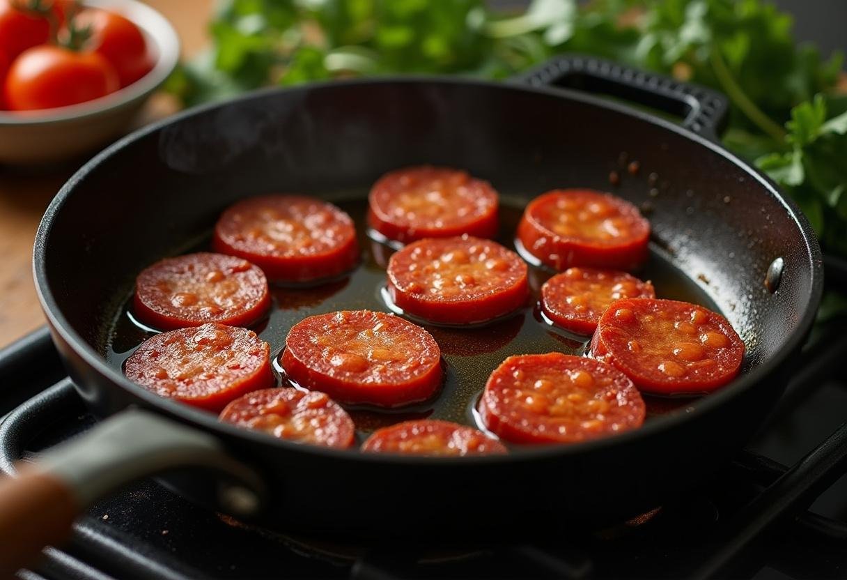 Sizzling chorizo in a skillet, the first step for making Sizzling Chorizo Quesadilla Supreme.