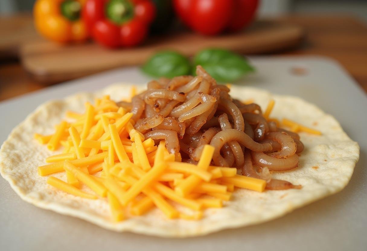 Tortilla being prepared with cheese and onions for Sizzling Chorizo Quesadilla Supreme.