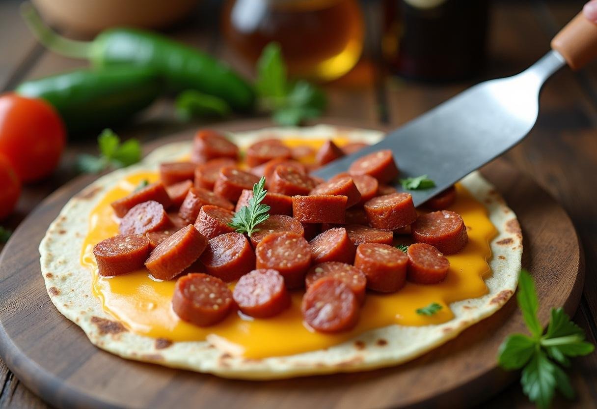 Chorizo arranged on cheese-filled tortilla for Sizzling Chorizo Quesadilla Supreme.