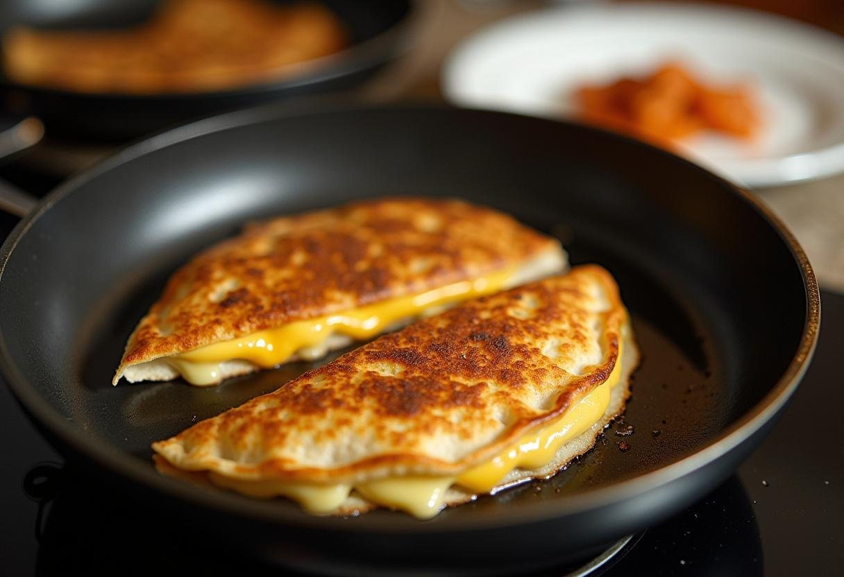 Cooking a golden-brown quesadilla, the final cooking step for Sizzling Chorizo Quesadilla Supreme.