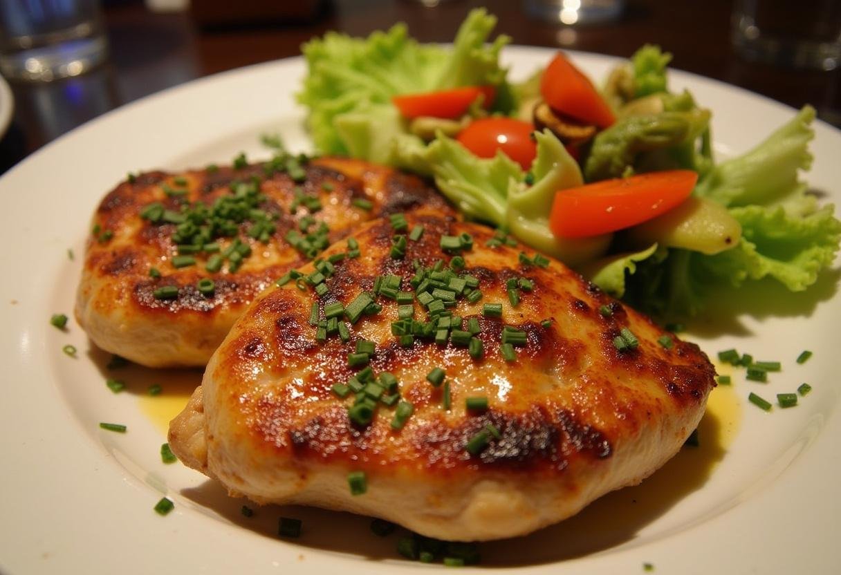 Finished Sizzling Steakhouse Grilled Chicken plated with grilled vegetables, ideal for a family dinner.