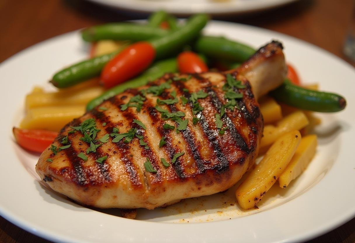 Finished Sizzling Steakhouse Grilled Chicken plated with grilled vegetables, ideal for a family dinner.