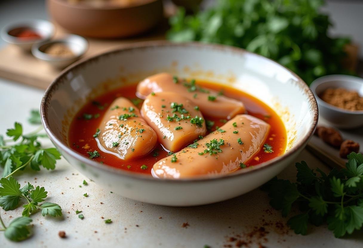 Marinated chicken breasts ready to be grilled for Sizzling Steakhouse Grilled Chicken recipe.