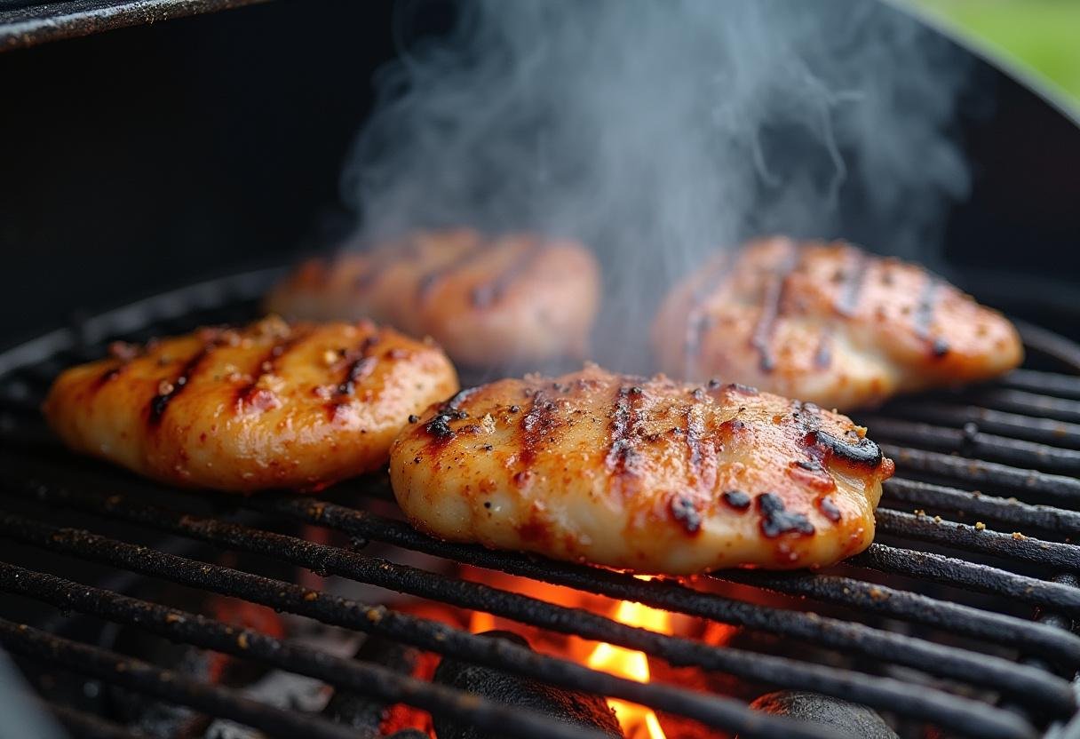 Marinated chicken breasts placed on the grill for Sizzling Steakhouse Grilled Chicken.