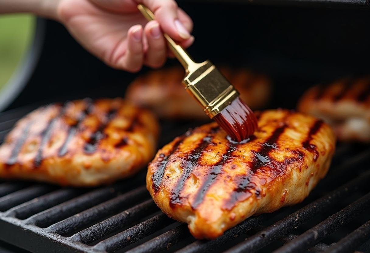 Flipping grilled chicken on the barbecue, showcasing perfect grill marks for Sizzling Steakhouse Grilled Chicken.