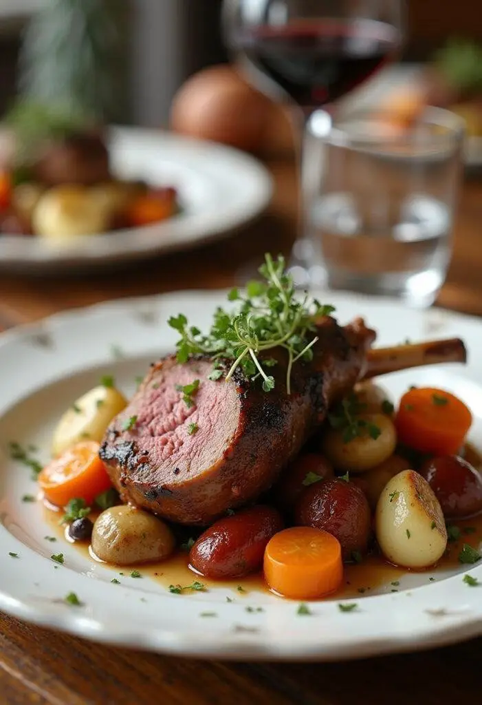 Finished slow-cooked Easter Lamb dish served with vegetables, ideal for Easter celebrations.