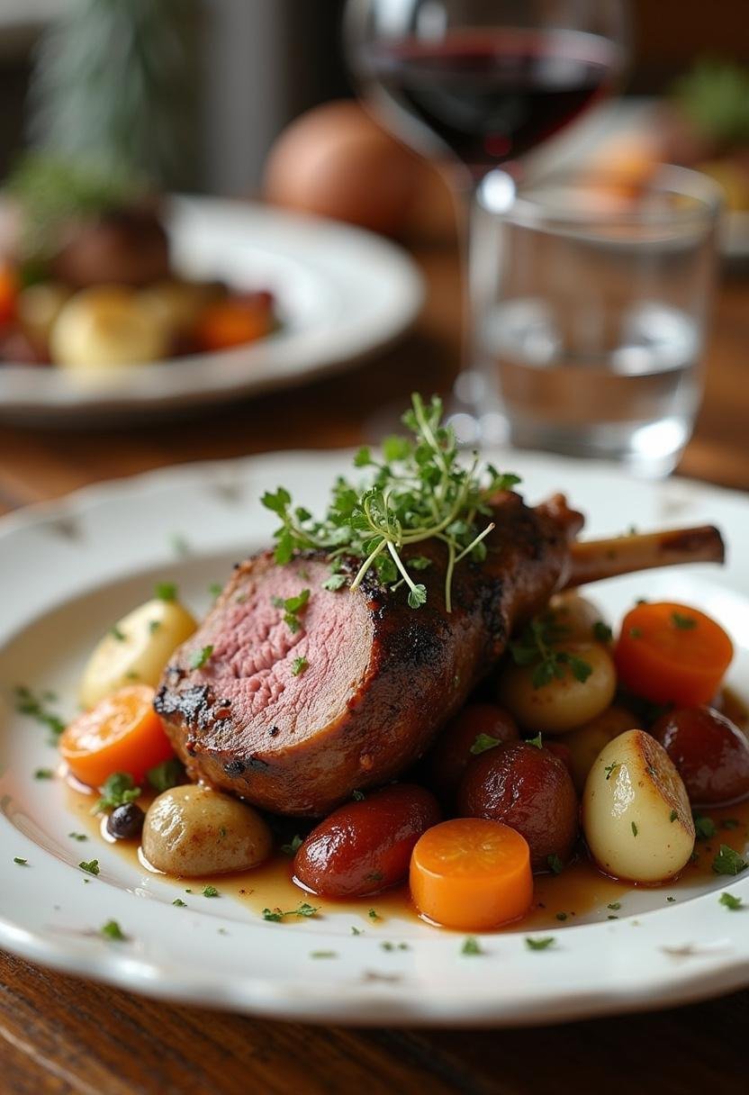 Finished slow-cooked Easter Lamb dish served with vegetables, ideal for Easter celebrations.