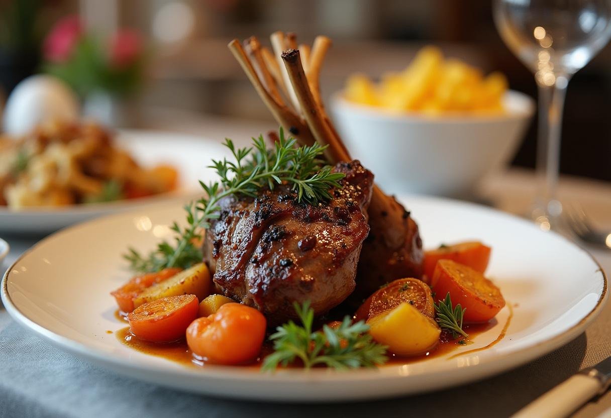 Finished slow-cooked Easter Lamb dish served with vegetables, ideal for Easter celebrations.