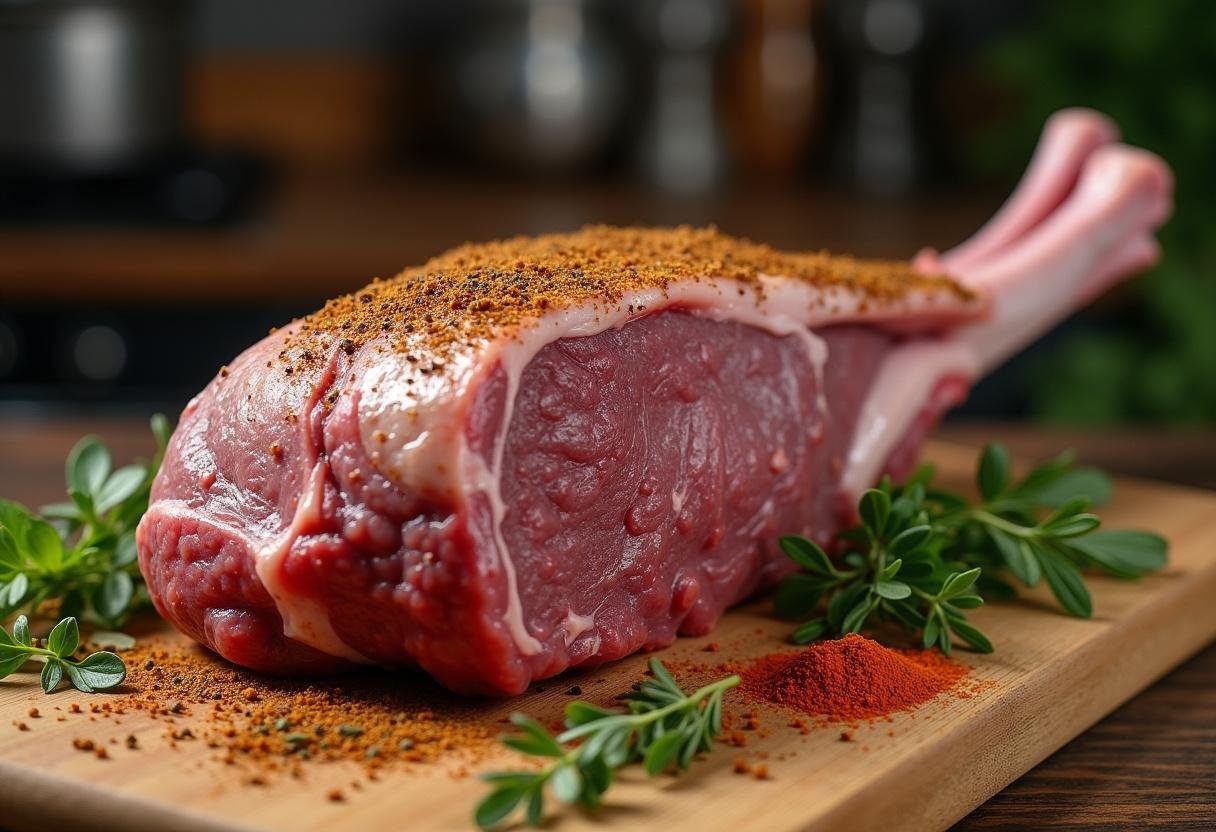Leg of lamb with herbs and spices prepared for slow-cooking Easter Lamb.