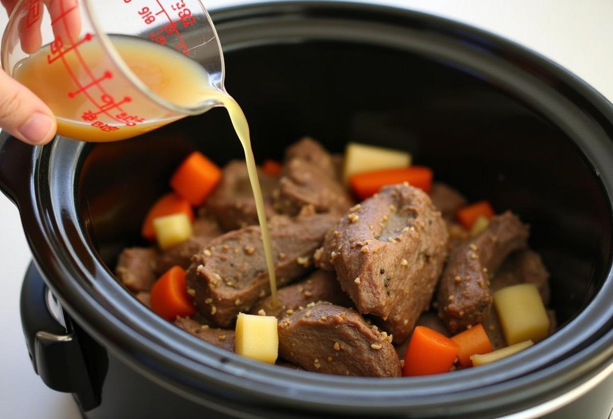 Slow cooker with lamb and vegetables being prepared for Easter Lamb dish.