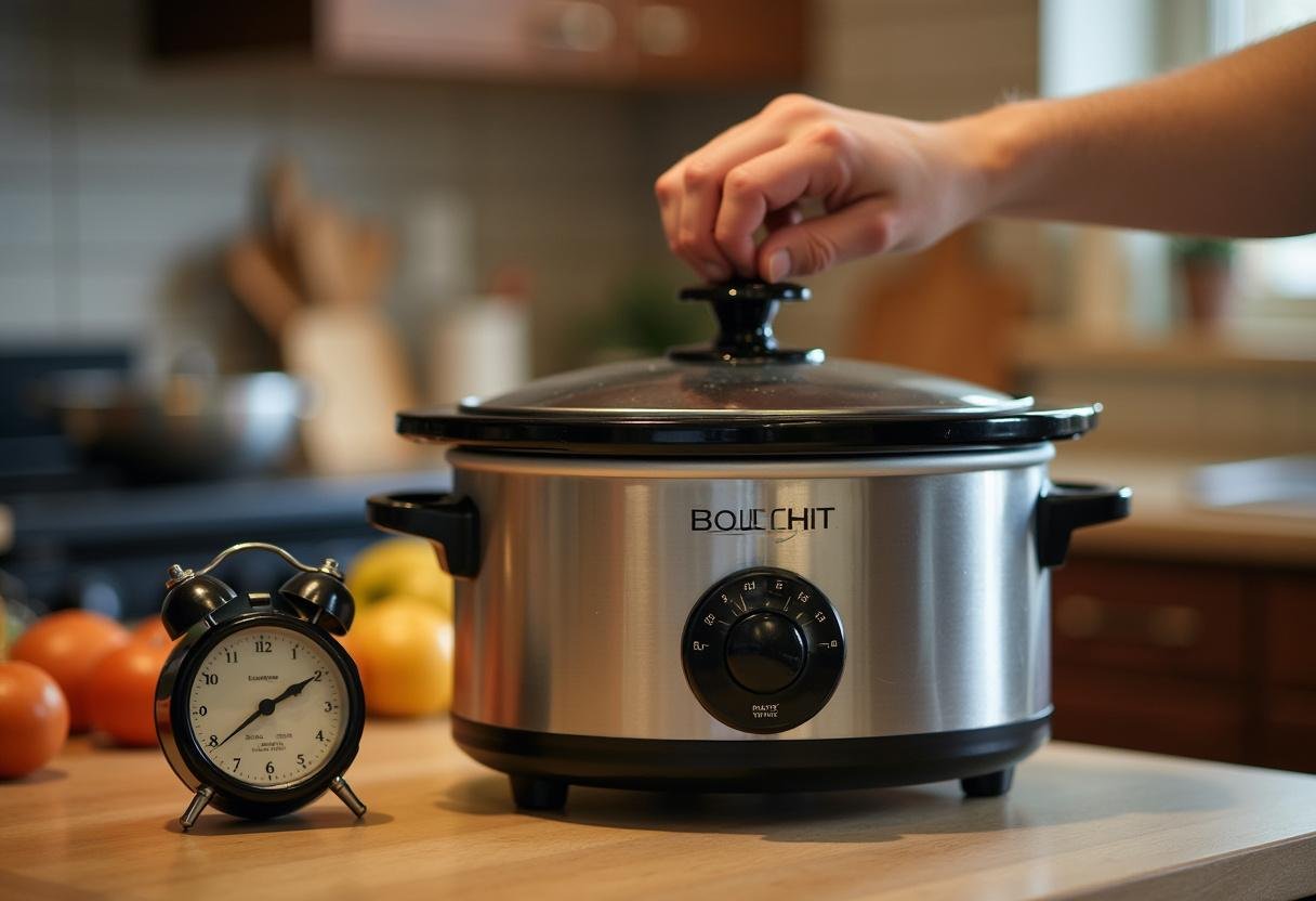 Slow cooker lid being secured for cooking Easter Lamb slowly.