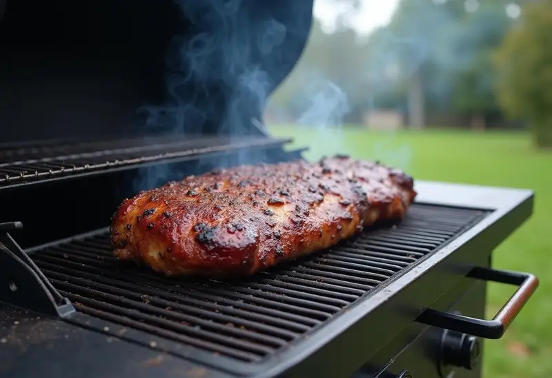 Beef brisket cooking on a smoker grill for BBQ burnt ends.