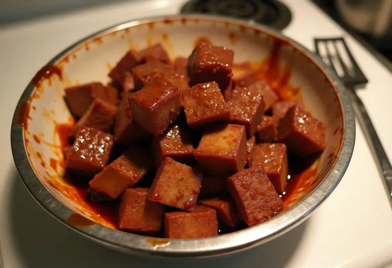 Cubed smoked brisket coated in BBQ sauce ready for the final cooking process.