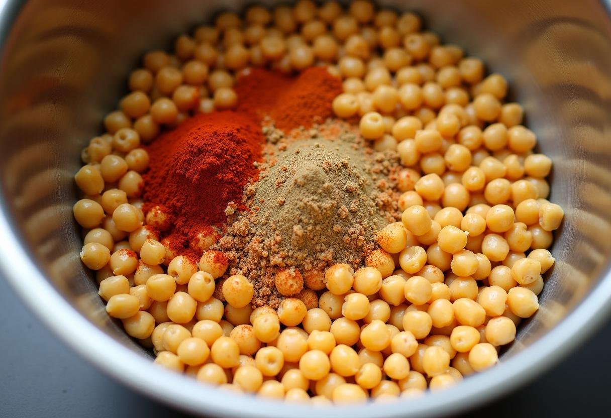 Chickpeas and spices in a bowl preparing for Spiced Chickpea Snack Mix.