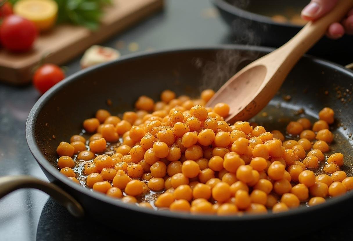 Stirring chickpeas with spices for a delicious Spiced Chickpea Snack Mix.
