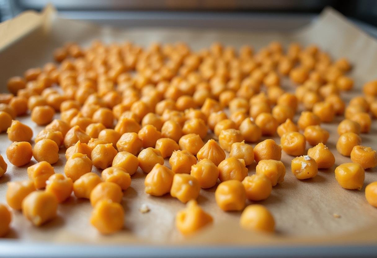 Chickpeas spread on a baking sheet for roasting in the Spiced Chickpea Snack Mix recipe.