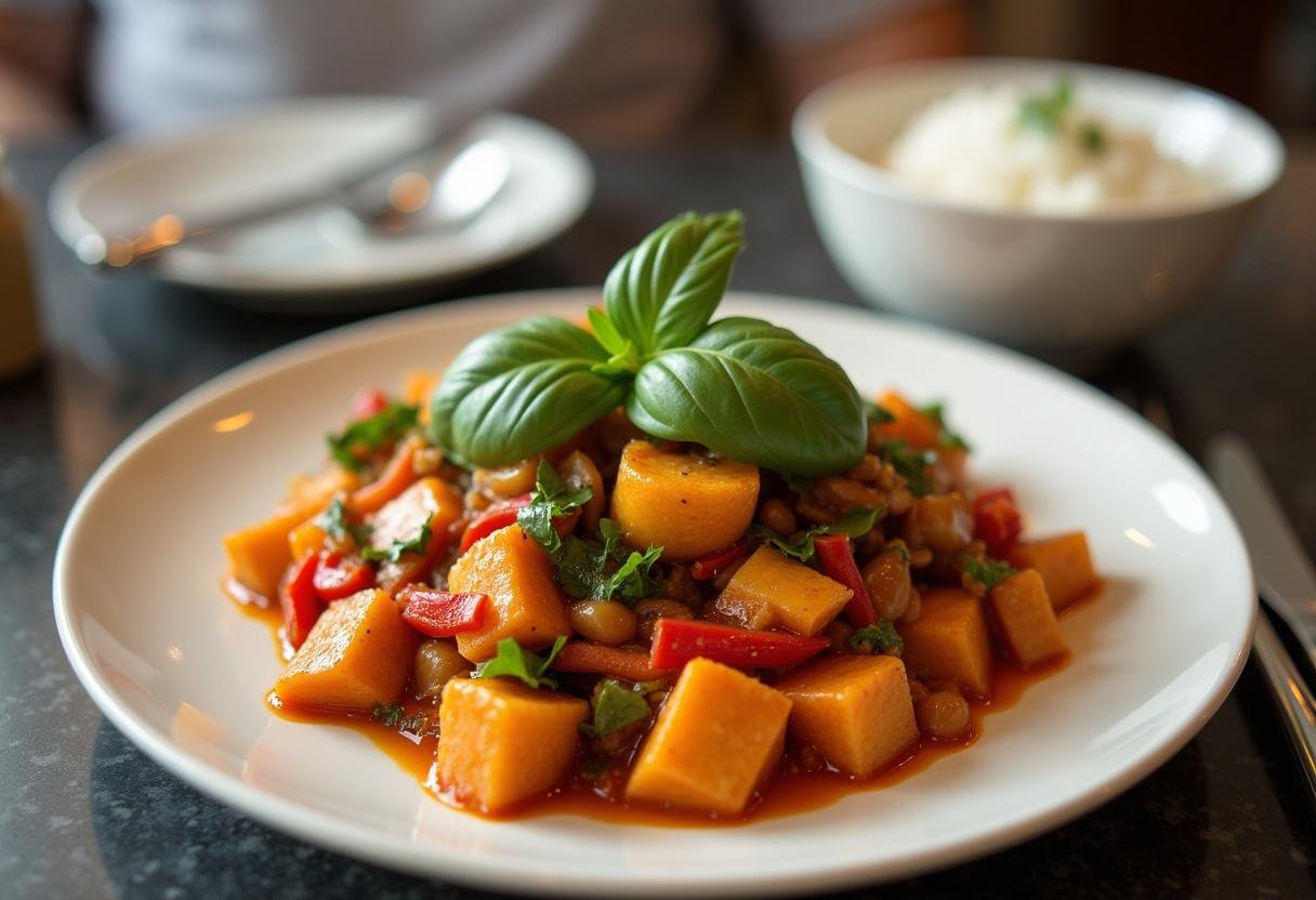 Finished Spicy Thai Basil Stir-Fry on a plate, colorful and full of flavor, with a side of rice.