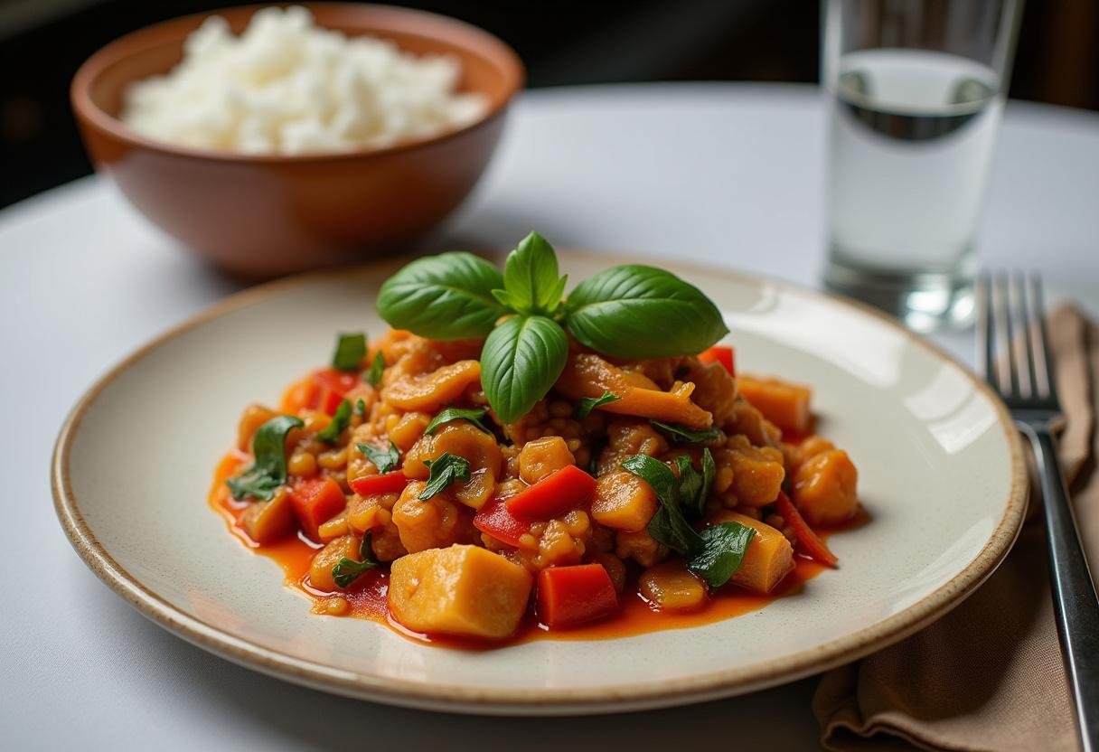 Finished Spicy Thai Basil Stir-Fry on a plate, colorful and full of flavor, with a side of rice.