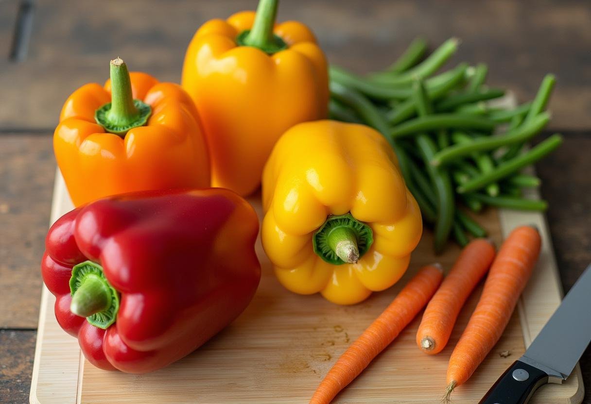 Fresh vegetables prepared for Spicy Thai Basil Stir-Fry, including bell peppers and carrots.