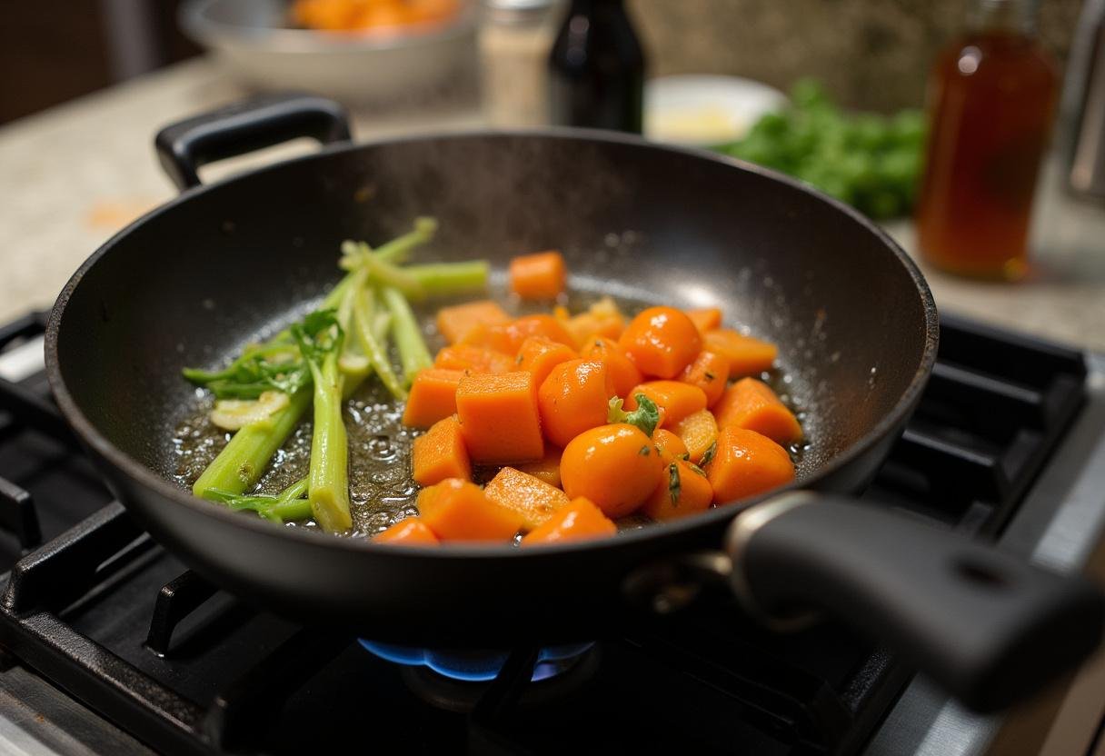 Stir-frying fresh vegetables in a skillet for Spicy Thai Basil Stir-Fry.