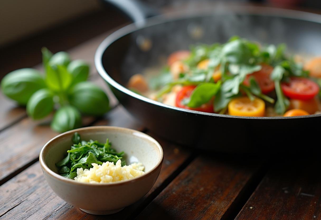 Minced garlic and Thai basil prepared for adding to the Spicy Thai Basil Stir-Fry.