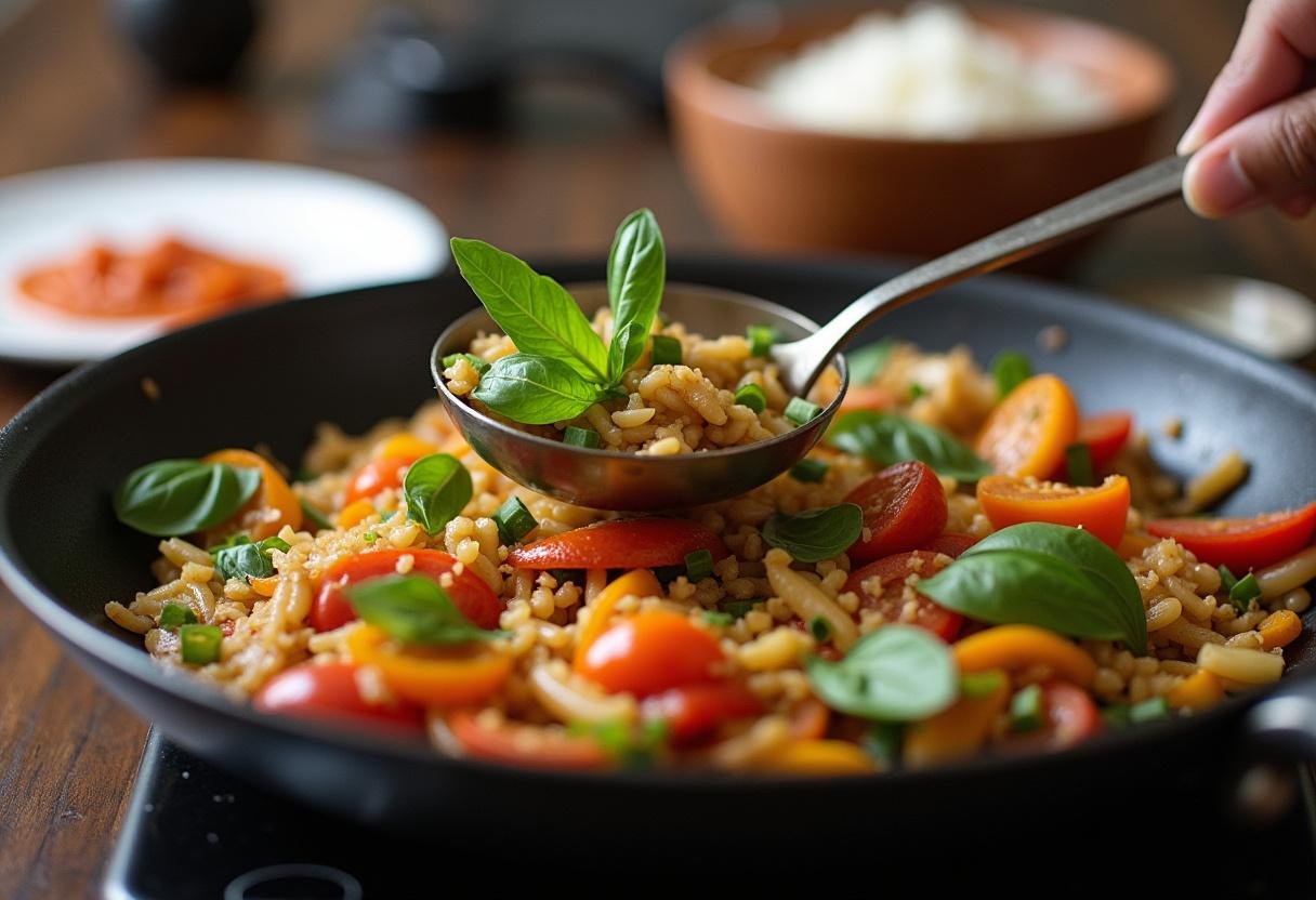 Stir-fried vegetables with Thai basil ready to serve alongside rice.