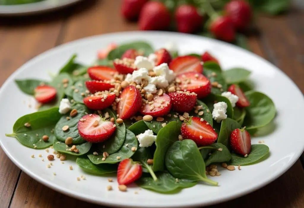 Serving of strawberry spinach salad, colorful and nutritious, ready to delight at any meal.