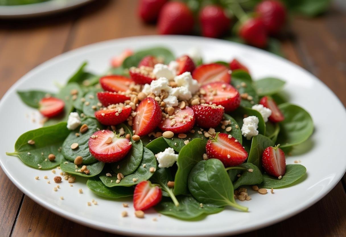 Serving of strawberry spinach salad, colorful and nutritious, ready to delight at any meal.