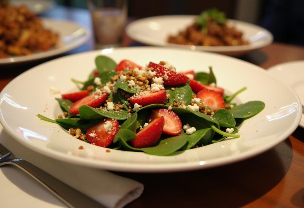 Serving of strawberry spinach salad, colorful and nutritious, ready to delight at any meal.
