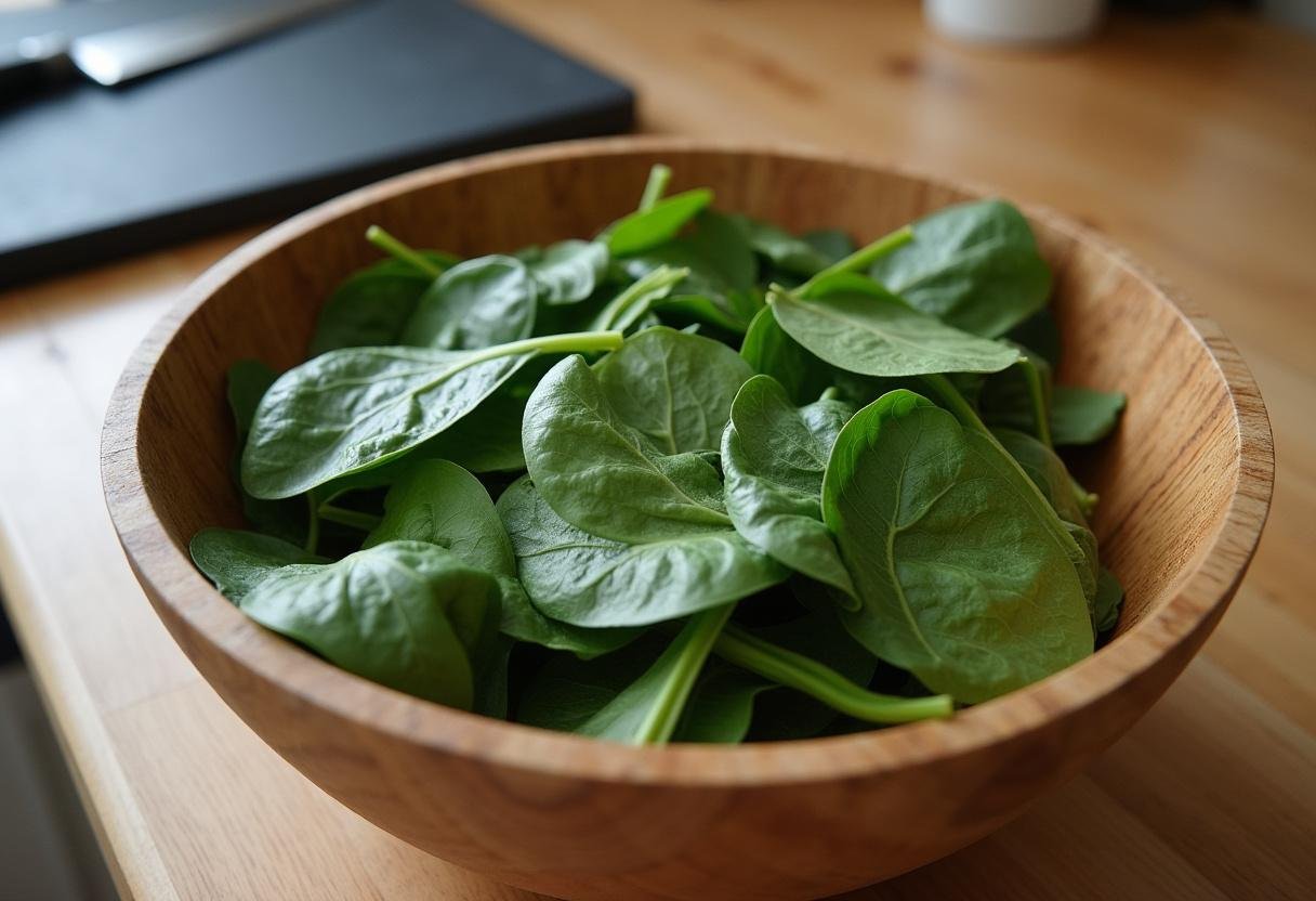 Fresh spinach leaves prepared for a delicious strawberry spinach salad.