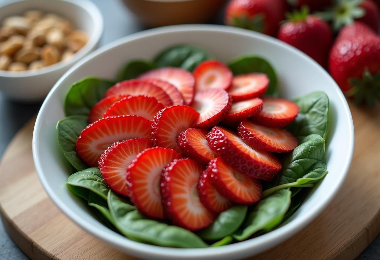 Sliced strawberries added to spinach for a vibrant strawberry spinach salad.