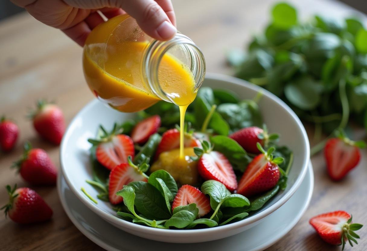 Homemade vinaigrette being drizzled on strawberry spinach salad ingredients.