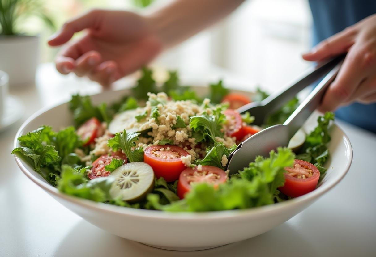 Tossing the strawberry spinach salad ingredients together for an even mix.