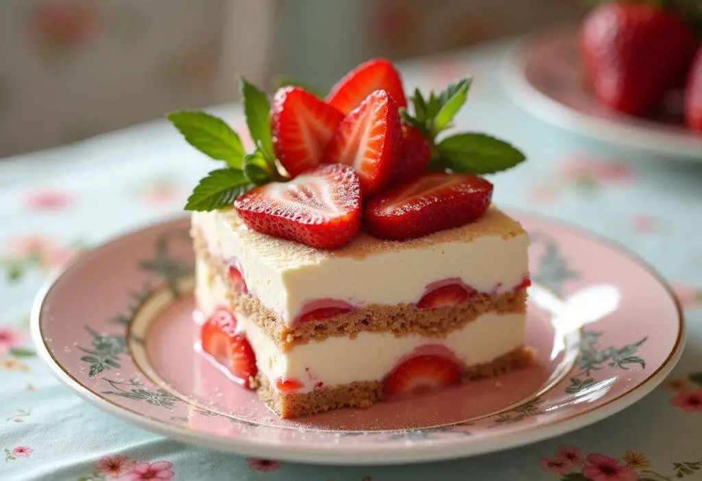 Completed Strawberry Tiramisu garnished with strawberries and mint, a perfect dessert for any occasion.