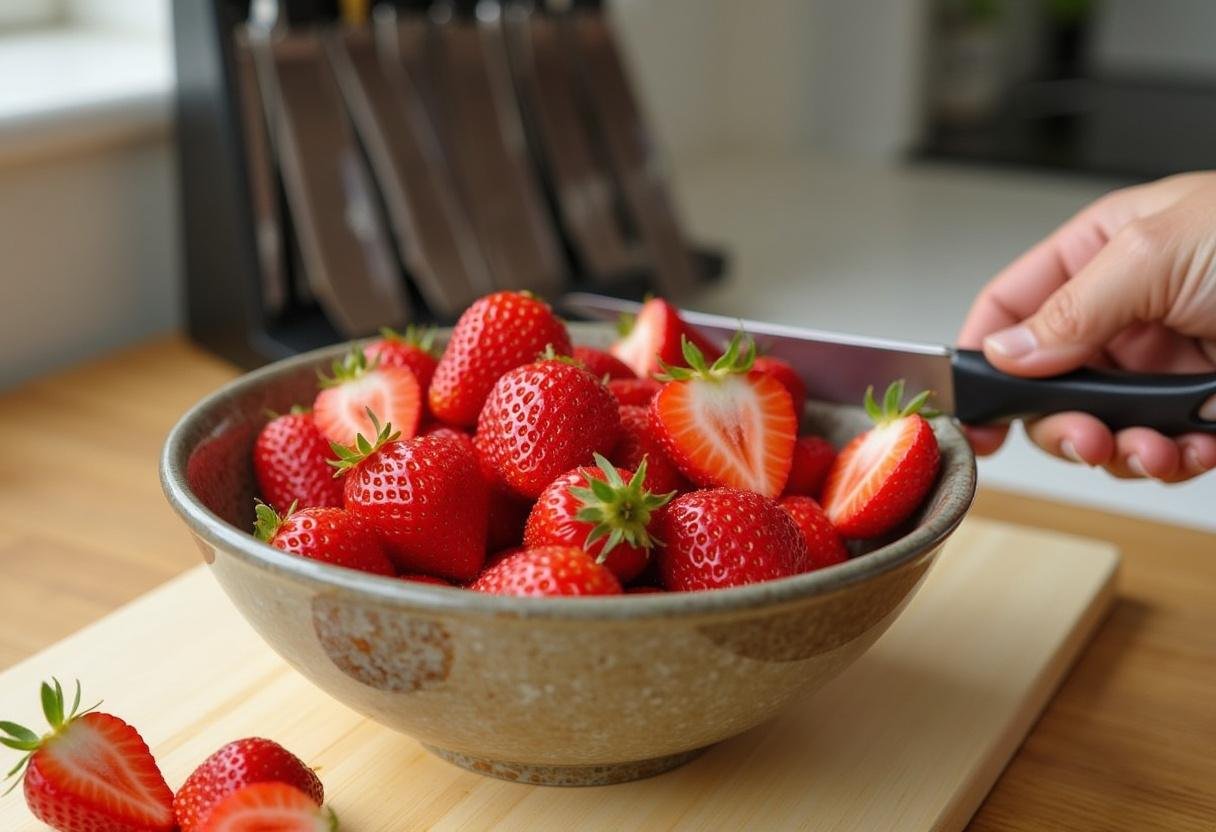 Slicing fresh strawberries for a delicious Strawberry Tiramisu.