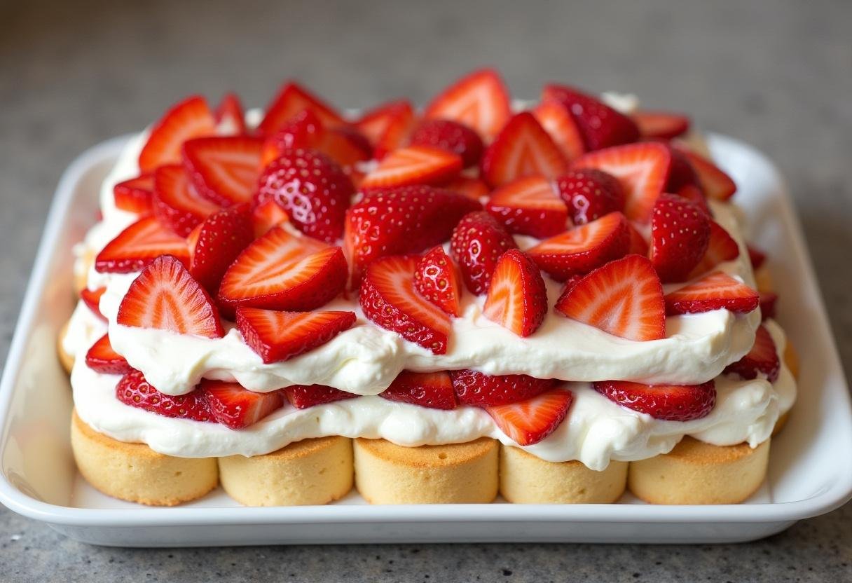 Layers of Strawberry Tiramisu ready to set in the fridge for a delightful dessert.